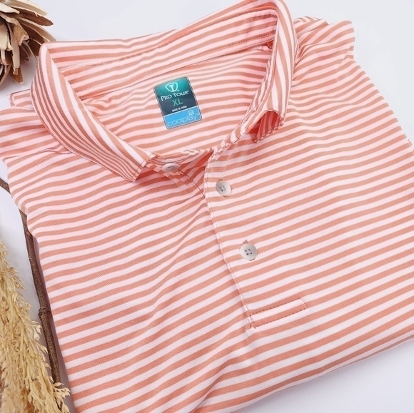New Pro Tour Peach Orange White Stripe Short Sleeve Golf Polo Sz XL - Picture 2 of 4